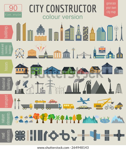City map generator. Elements\
for creating your perfect city. Colour version. Vector\
illustration