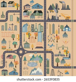 City map generator. City map example. Elements for creating your perfect city. Colour version. Seamless pattern. Vector illustration