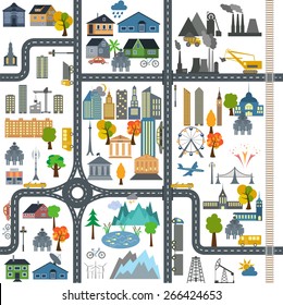 City map generator. City map example. Elements for creating your perfect city. Colour version. Seamless pattern. Vector illustration