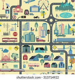 City map generator. City map example. Elements for creating your perfect city. Colour version. Seamless pattern. Vector illustration