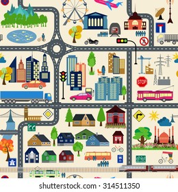 City map generator. City map example. Elements for creating your perfect city. Colour version. Seamless pattern. Vector illustration