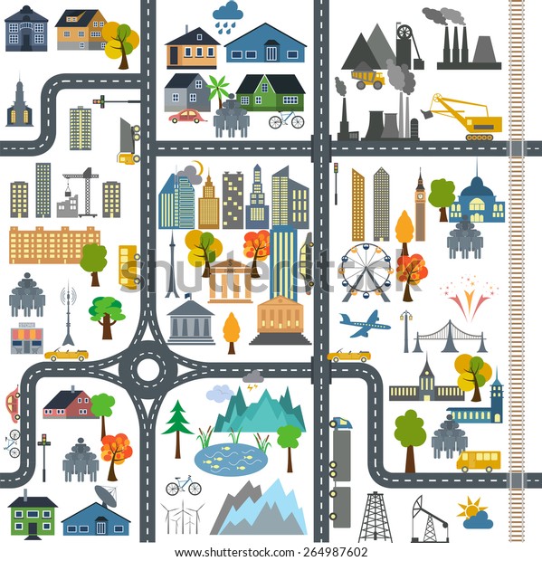 City map generator. City map example.\
Elements for creating your perfect city. Colour version. Seamless\
pattern. Vector\
illustration