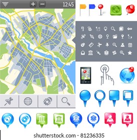 city map and gps icons and pushpins