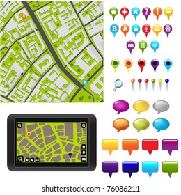 City Map With GPS Icons, Vector Illustration