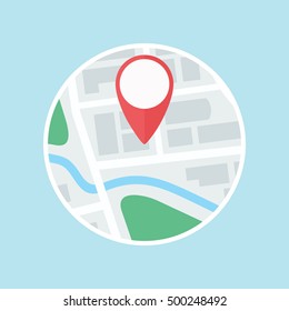 City map with GPS location label. Colored flat icon. Vector eps8 illustration.
