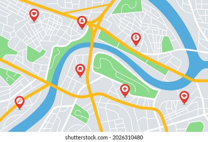 City map gps navigation with location pin markers. Urban downtown roads, parks, river. Red pointers on roadmap navigator vector illustration. Guidance to find destination, trip planning