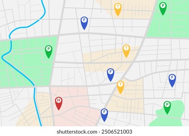City map with GPS navigation pins such as hospital park town and food court. Vector Map Illustration.