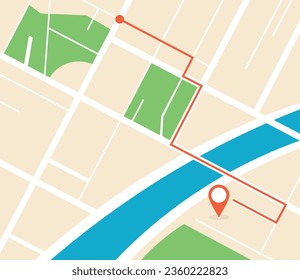 City map with GPS navigation. Route built. Red pin or pointer on street background. Top view. Vector illustration.