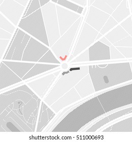 City map. Gray color monochromatic pattern. Abstract vector illustration of a town with streets, parks and pond.
