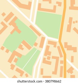 City map with green parks, white and yellow roads, house silhouettes  - seamless pattern