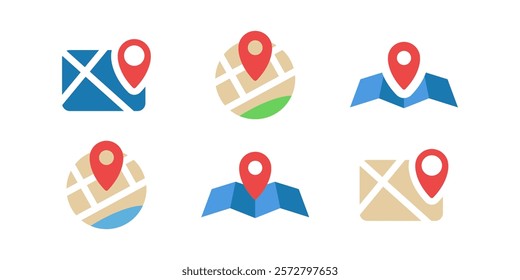 City map icon with map pin set. Marked location. Street locator pictogram navigation
