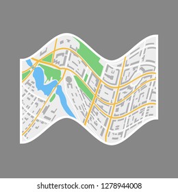 City map icon. City plan with streets, roads, parks and river. Vector illustration.