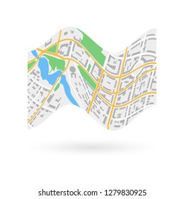 City map icon. City plan with streets, roads, parks and river. Vector illustration.