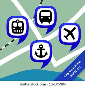 City map icons bus and rail stations, seaports and airports