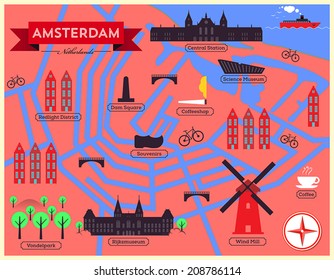 City Map Illustration of Amsterdam. Landmarks and Vector Map Icons. 