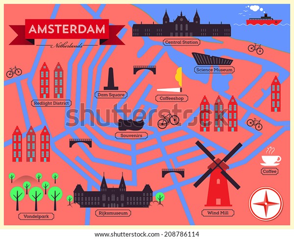 アムステルダムの市の地図のイラスト ランドマークとベクター画像マップのアイコン のベクター画像素材 ロイヤリティフリー