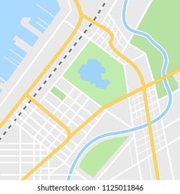 City map illustration for navigation app. Top view. City layout map with port and river.