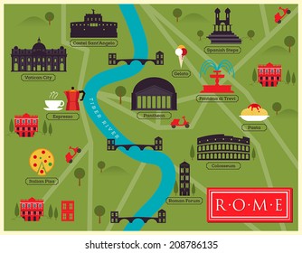 City Map Illustration of Rome. Landmarks and Vector Map Icons. 