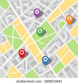 City map of an imaginary city with five pins. Vector illustration.
