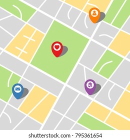 City map of an imaginary city with four pins. Vector illustration.
