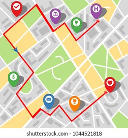 City map of an imaginary city with a multi-stop route. Vector illustration.