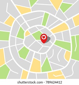 City map of an imaginary city with red pin. Vector illustration.
