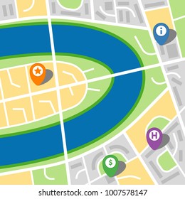 City map of an imaginary city with a river and four pins. Vector illustration.

