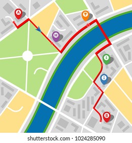 City map of an imaginary city with a river and multi-stop route. Vector illustration.