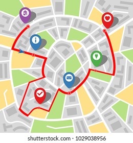 City map of an imaginary city with a river and multi-stop route. Vector illustration.