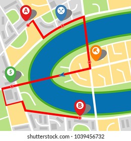 City map of an imaginary city with a river and multi-stop route. Vector illustration.