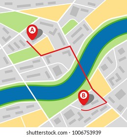 City map of an imaginary city with a river and route from point A to point B. Vector illustration.