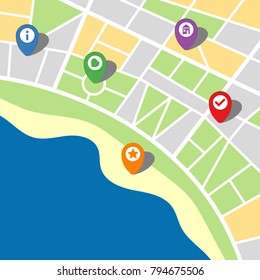 City map of an imaginary city with sea and five pins. Vector illustration.

