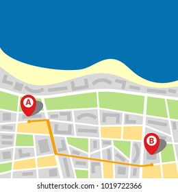 City map of an imaginary city with sea and route from point A to point B. Vector illustration.