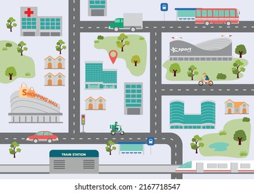 City map with infrastructure, buildings and houses along the road, vector illustration 