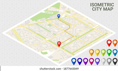 City map. Isometric view. Vector road map from point A to point B. Detailed map with streets, roads, houses and public areas. The concept of a navigation system or pathfinding. Set of colored pointers