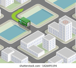 City map isometry navigation delivery van. Isometric flat town, road, river, delivery truck. Arrow direction of shipping travel