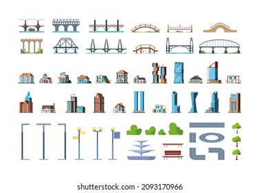 City map kit. Town buildings houses trees roads urban infrastructure signs transport busses and cars landscape ellements grass and rocks garish vector flat illustrations