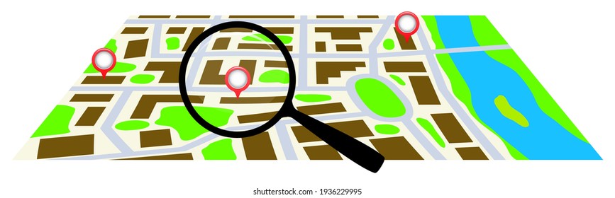 City map with a magnifying glass. Vector illustration.