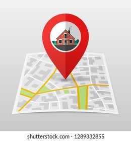 City Map with Marker. Home pin icon on city's paper map