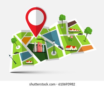 City Map with Marker, Houses, Trees and Cars. Vector Illustration.