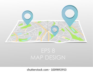City map with marker pin. Abstract district city map design. Vector illustration.