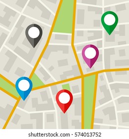 City Map with Markers. Simple flat illustration of city plan with streets.