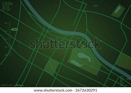 City map military navigation GPS overlay. Top view, view from above with military classic oldschool green monochrome ceber overlay. Simple realistic map design of town.
