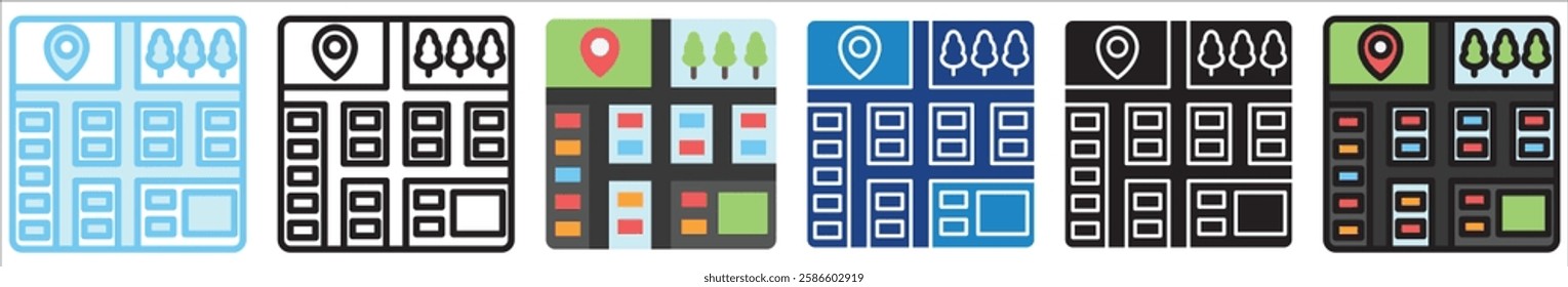 City Map multi style, mini illustration icon. outline, flat, glyph, line color, UI, UX, app and web, digital or print. For education, construction, transportation, environment, urban planning.