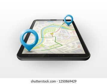 City map navigation 3d smartphone, phone point marker, vector drawing schema, simple city plan GPS navigation 3d tablet, itinerary destination arrow paper city map. Route delivery check point graphic