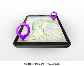 City map navigation 3d smartphone, phone point marker, vector drawing schema, simple city plan GPS navigation 3d tablet, itinerary destination arrow paper city map. Route delivery check point graphic