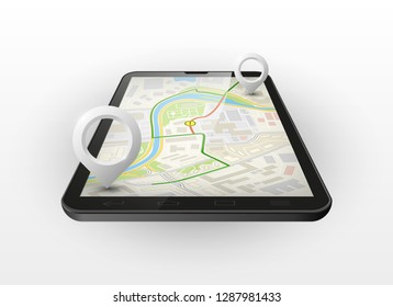City map navigation 3d smartphone, phone point marker, vector drawing schema, simple city plan GPS navigation 3d tablet, itinerary destination arrow paper city map. Route delivery check point graphic