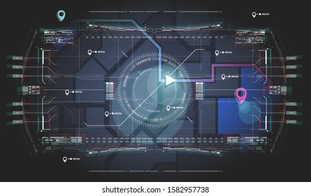 city map navigation. City map in the app Navigator with Futuristic HUD elements. Navigate device or route navigator tracker mobile UI.