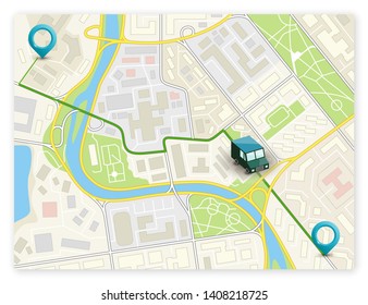 City map navigation banner, point marker background, simple vector drawing city plan GPS navigation, itinerary destination arrow paper city map banner. Route delivery check point infographic banner