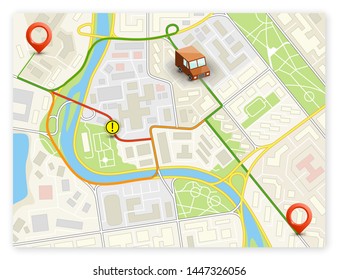 City map navigation banner, point marker background, simple vector drawing city plan GPS navigation, itinerary destination arrow paper city map banner. Route delivery check point infographic banner
